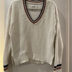 Abercrombie & Fitch White V-Neck Sweater with Red and Black Trim